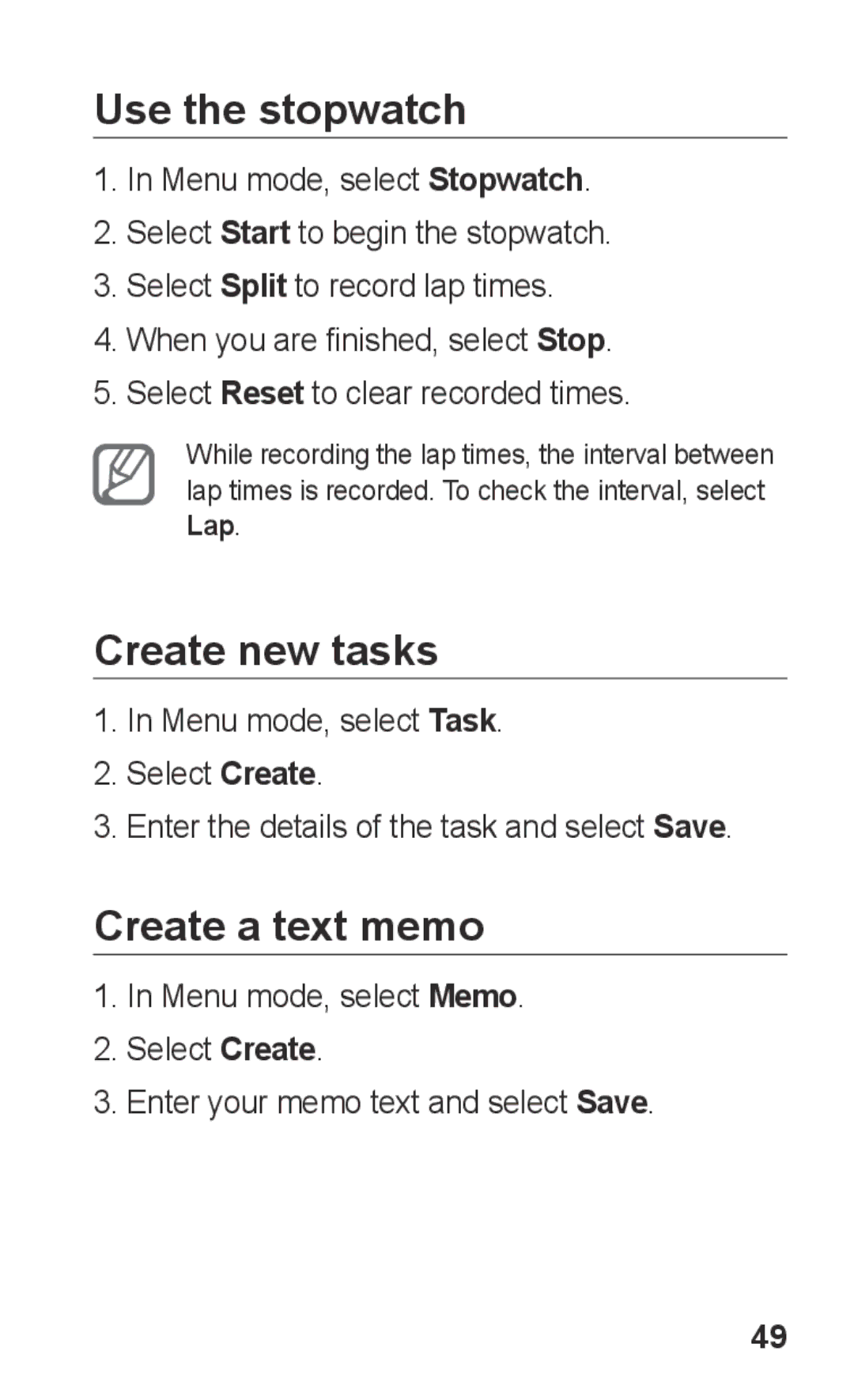 Samsung GT-C3303PSKPAK, GT-C3303SIKKEN, GT-C3303SIKMMC manual Use the stopwatch, Create new tasks, Create a text memo 