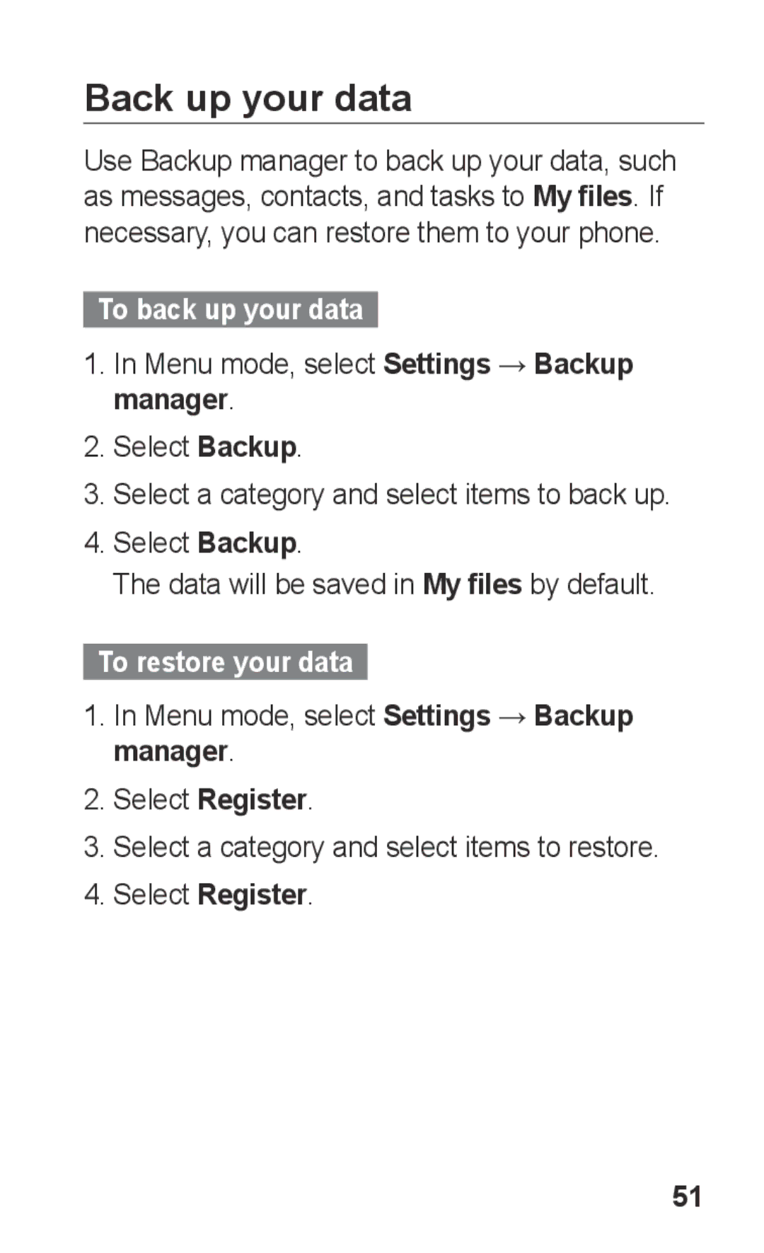 Samsung GT-C3303SIKABS, GT-C3303SIKKEN, GT-C3303SIKMMC manual Back up your data, To back up your data, To restore your data 