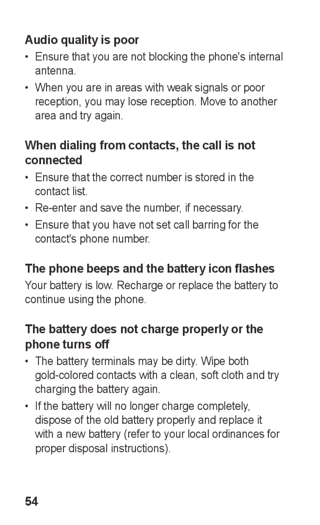 Samsung GT-C3303DKKJED, GT-C3303SIKKEN manual Audio quality is poor, When dialing from contacts, the call is not connected 