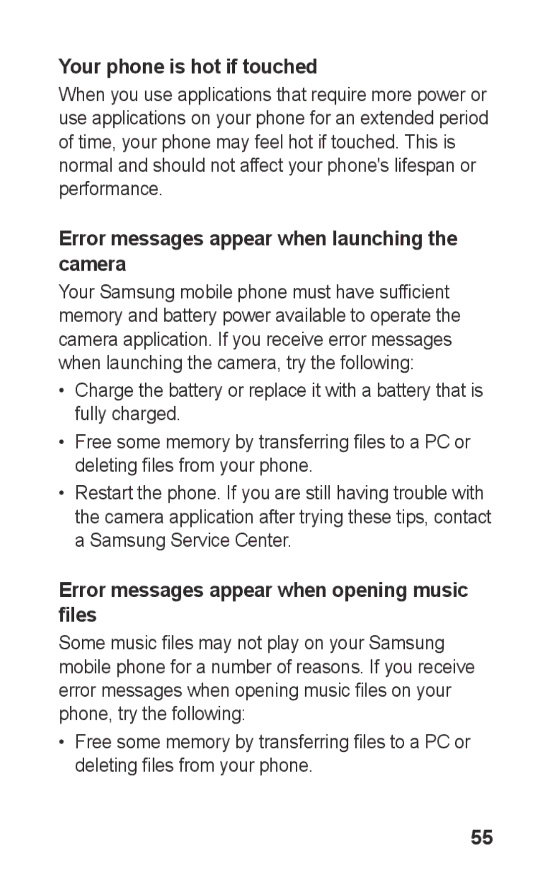 Samsung GT-C3303ENKTMC, GT-C3303SIKKEN manual Your phone is hot if touched, Error messages appear when launching the camera 