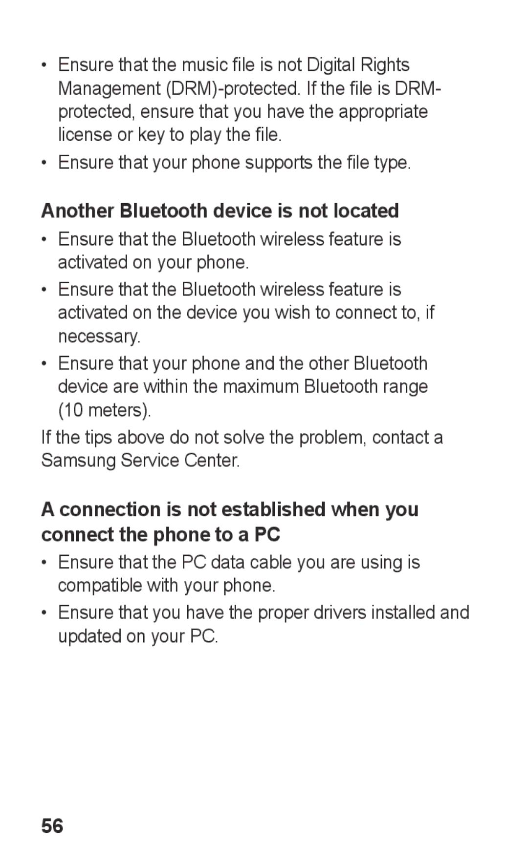 Samsung GT-C3303PSKEAG manual Ensure that your phone supports the file type, Another Bluetooth device is not located 