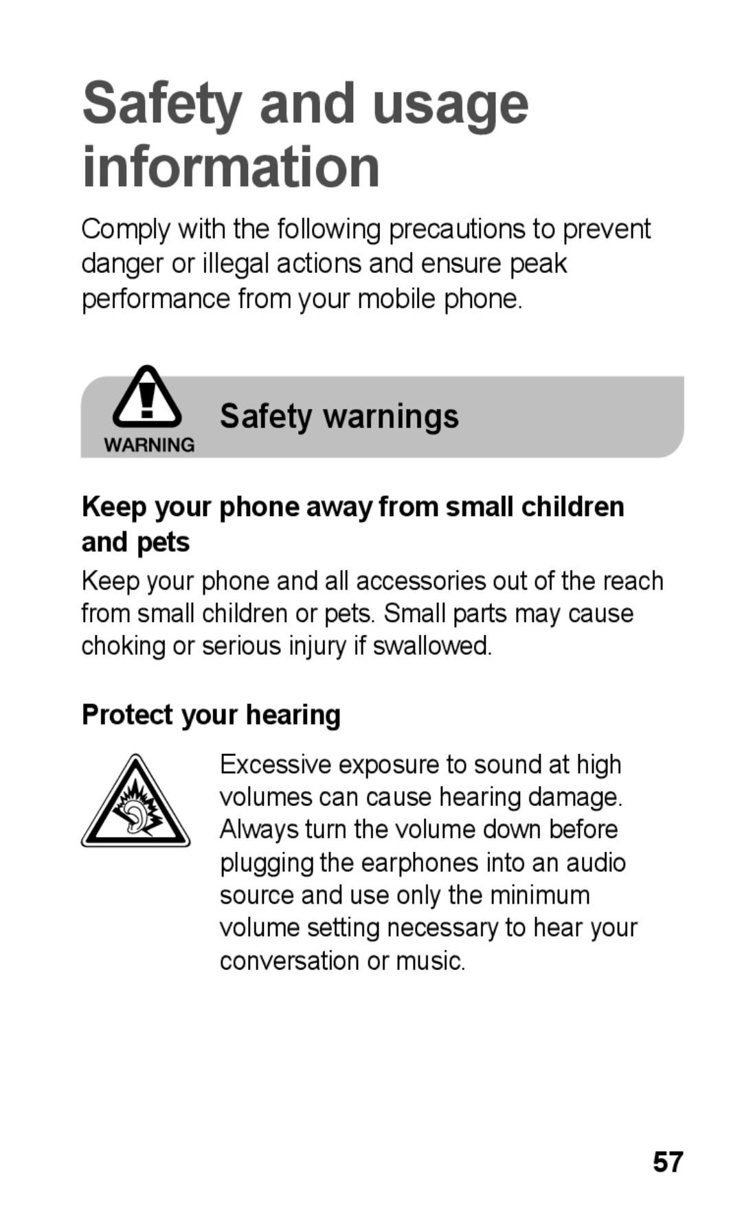 Samsung GT-C3303PSKEGY, GT-C3303SIKKEN manual Keep your phone away from small children and pets, Protect your hearing 