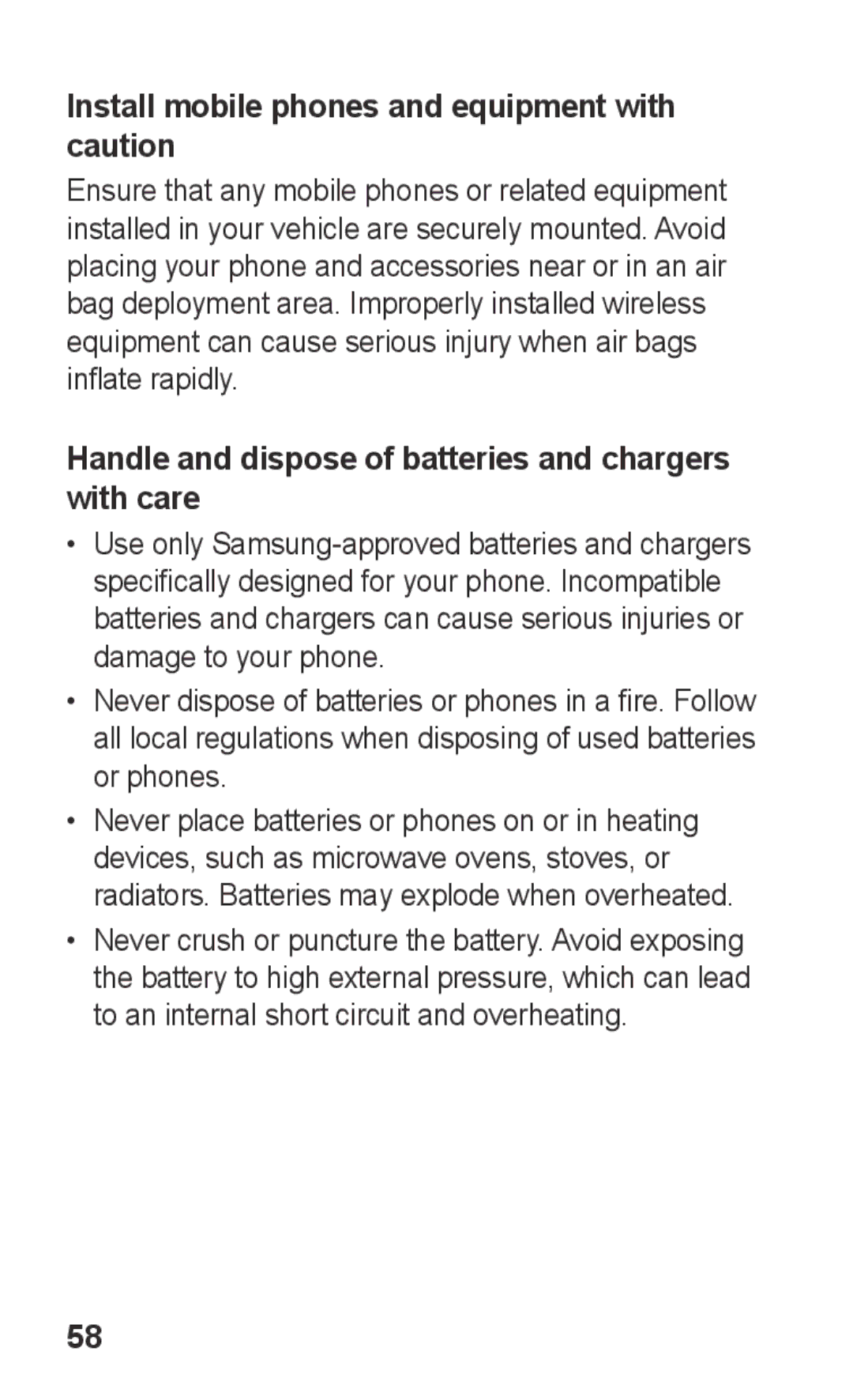 Samsung GT-C3303WRKAFR, GT-C3303SIKKEN, GT-C3303SIKMMC, GT-C3303SIKTMC manual Install mobile phones and equipment with caution 