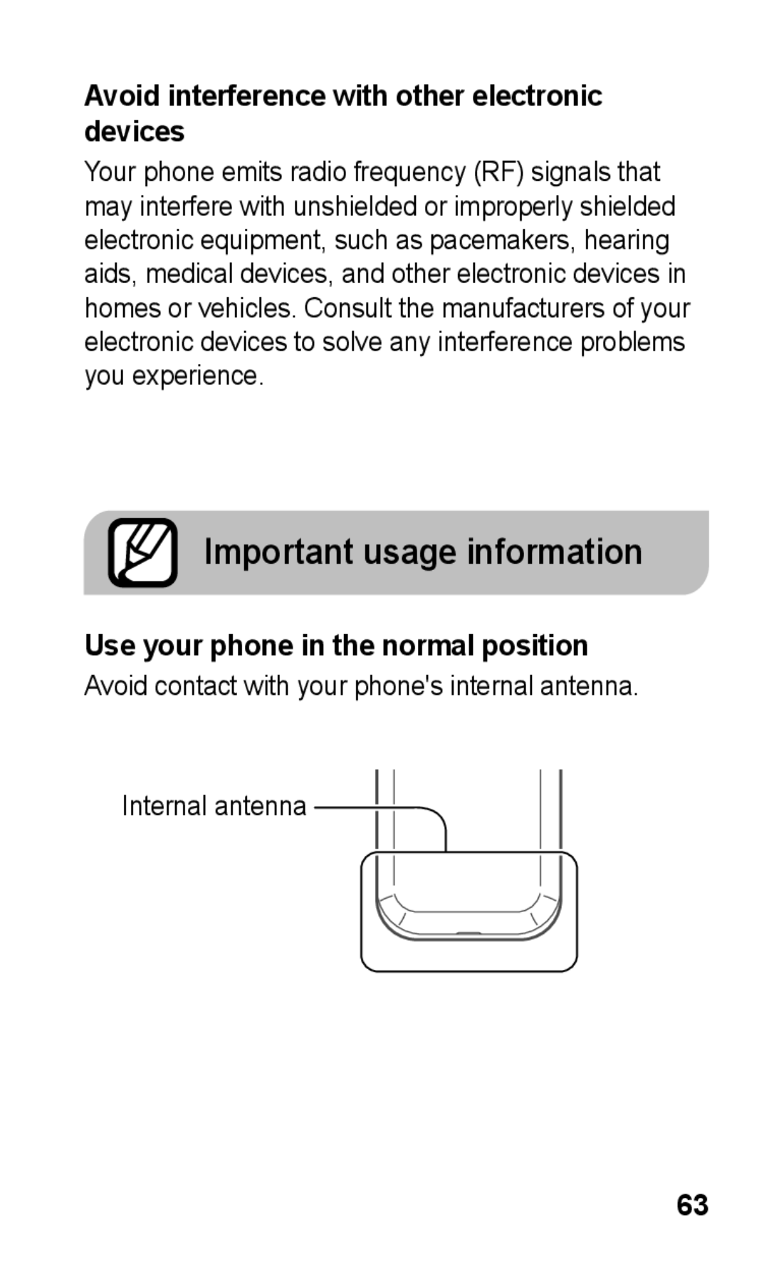 Samsung GT-C3303WRKMID manual Avoid interference with other electronic devices, Use your phone in the normal position 