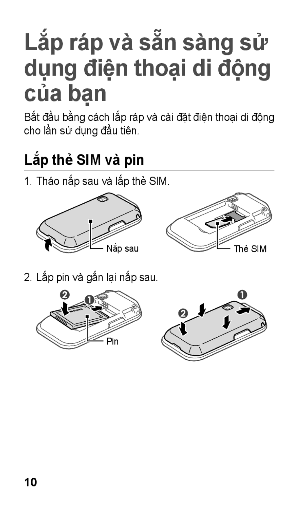 Samsung GT-C3303CWKXXV, GT-C3303SIKXXV manual Lắp ráp và sẵn sàng sử dụng điện thoại di động của bạn, Lắp thẻ SIM và pin 