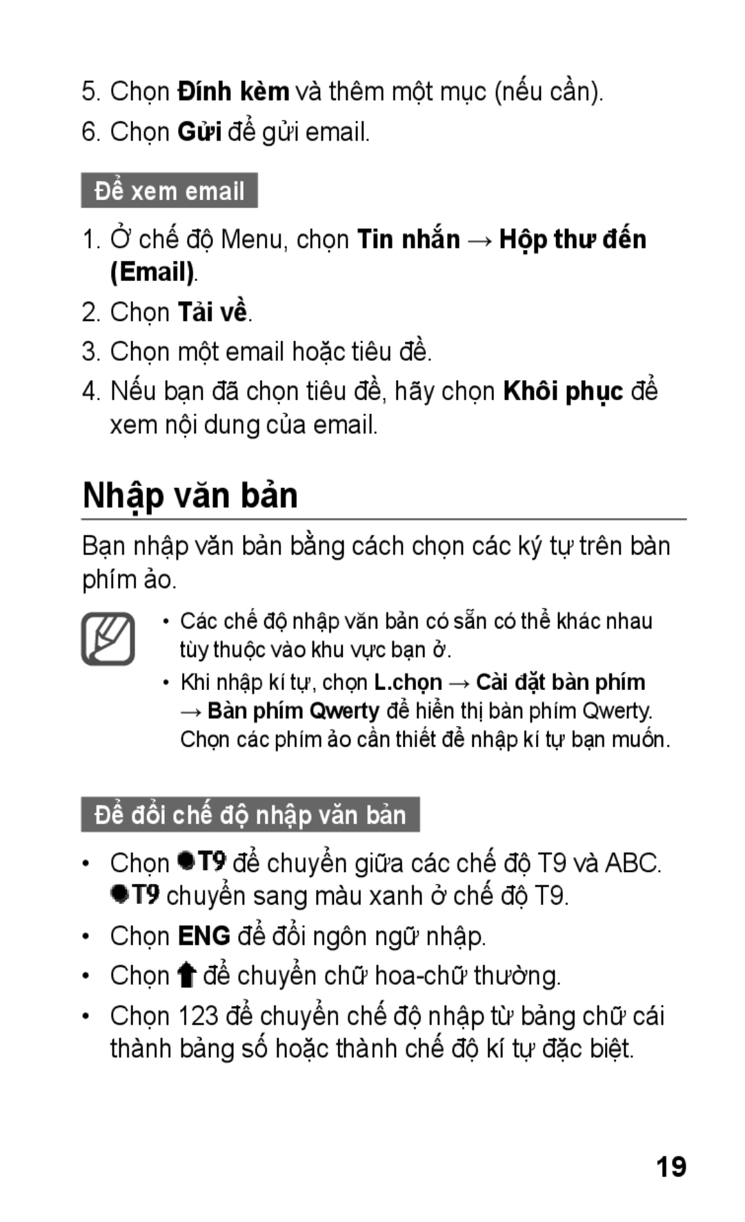 Samsung GT-C3303DKKXXV manual Nhập văn bản, Chọn Đính kèm và thêm một mục nếu cần Chọn Gửi để gửi email, Để xem email 