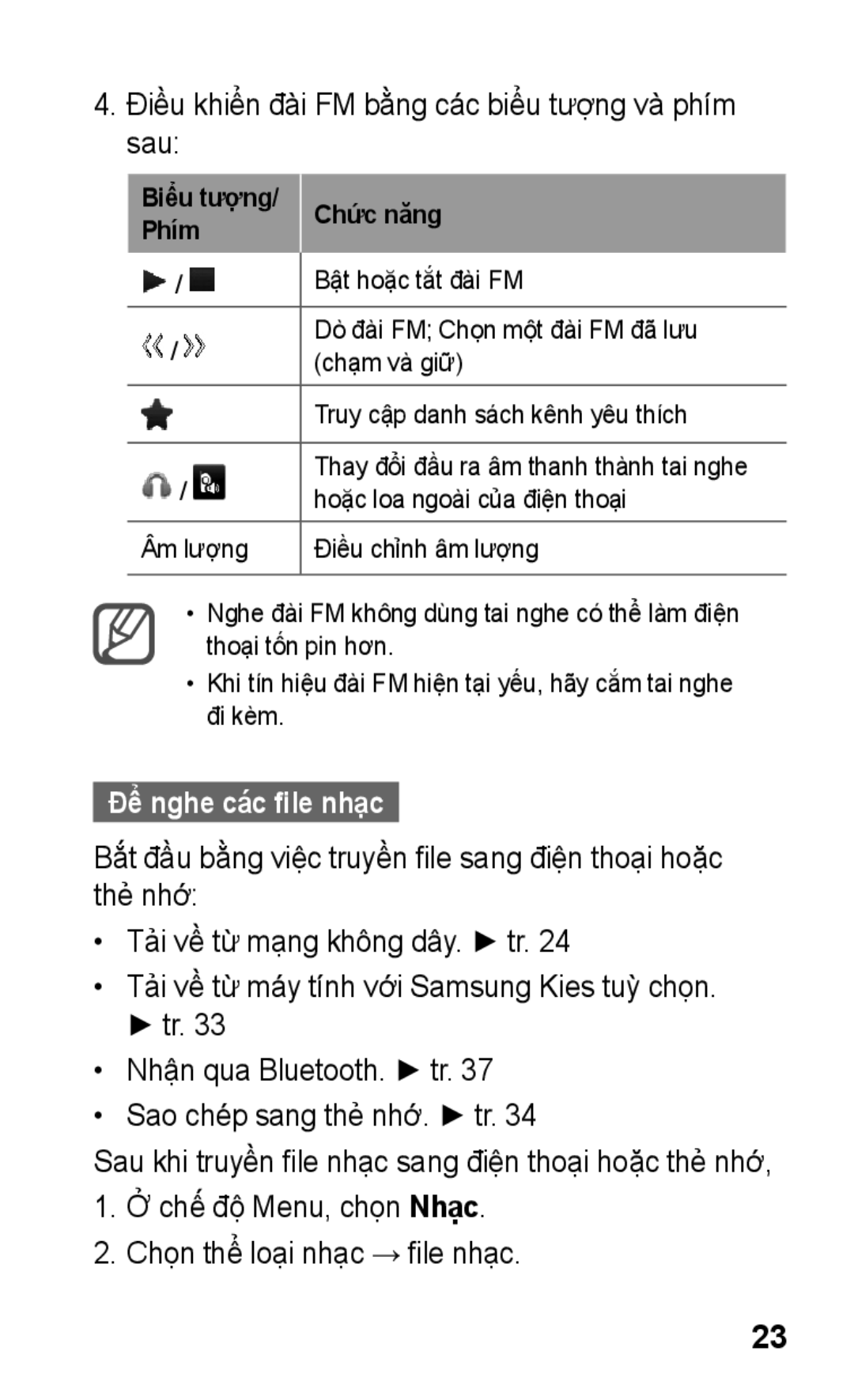 Samsung GT-C3303CIHXXV, GT-C3303SIKXXV manual Điều khiển đài FM bằng các biểu tượng và phím sau, Để nghe các file nhạc 