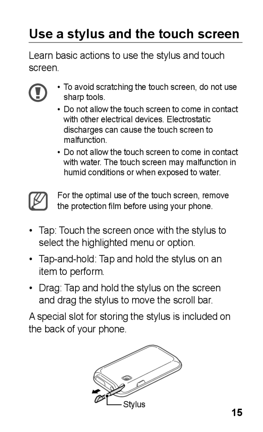 Samsung GT-C3303ENITMC manual Use a stylus and the touch screen, Learn basic actions to use the stylus and touch screen 