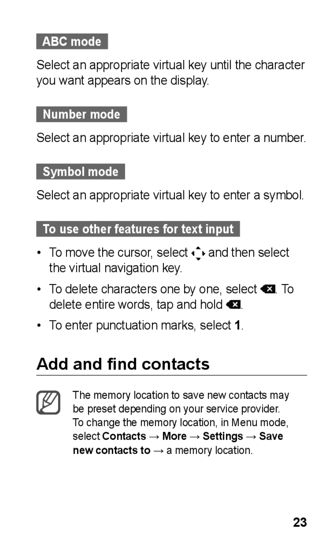 Samsung GT-C3303PSIPAK Add and find contacts, ABC mode, Number mode, Symbol mode, To use other features for text input 