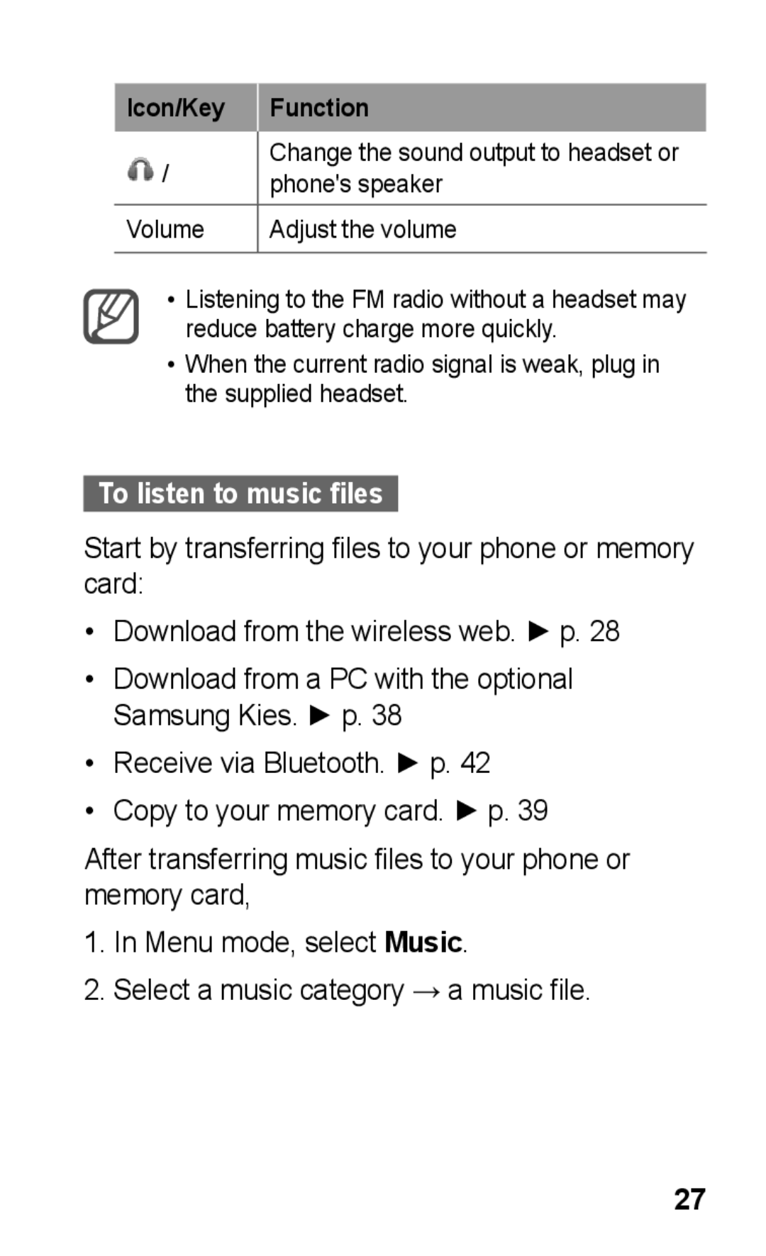 Samsung GT-C3303DKIAFR, GT-C3303WRIJED, GT-C3303WRIMRT, GT-C3303SIIXSG, GT-C3303SIIPAK manual To listen to music files 