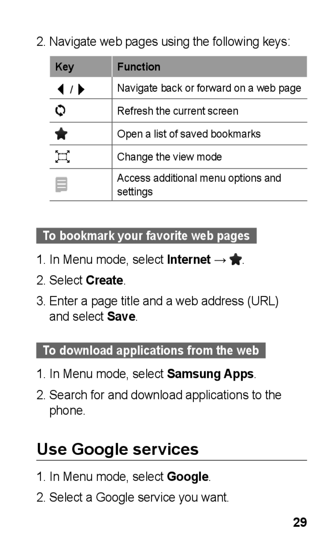 Samsung GT-C3303SIIJED, GT-C3303WRIJED, GT-C3303WRIMRT Use Google services, Navigate web pages using the following keys 