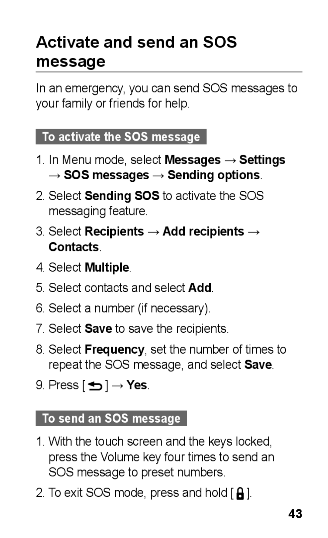 Samsung GT-C3303PSIAFR Activate and send an SOS message, To activate the SOS message, → SOS messages → Sending options 