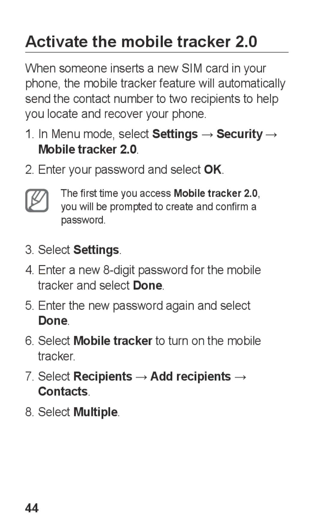 Samsung GT-C3303PSIMRT manual Activate the mobile tracker, Menu mode, select Settings → Security → Mobile tracker, Done 