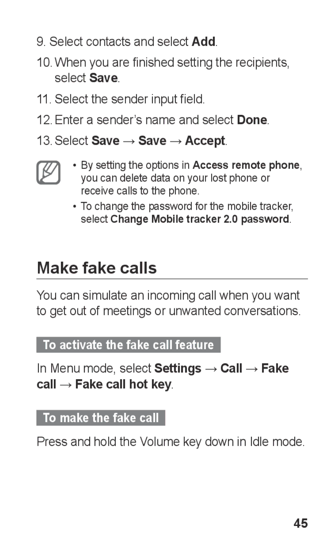 Samsung GT-C3303WRIAFG, GT-C3303WRIJED Make fake calls, Select Save → Save → Accept, To activate the fake call feature 