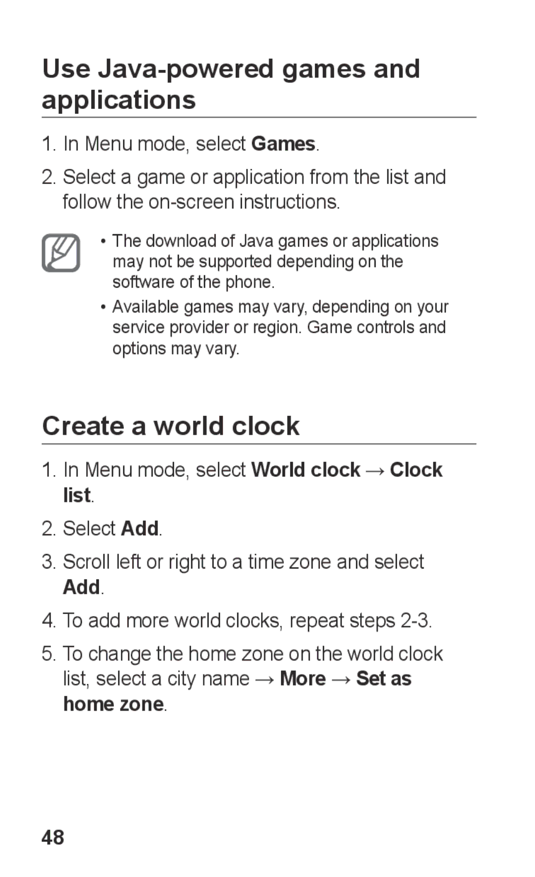 Samsung GT-C3303CWITHR, GT-C3303WRIJED, GT-C3303WRIMRT manual Use Java-powered games and applications, Create a world clock 