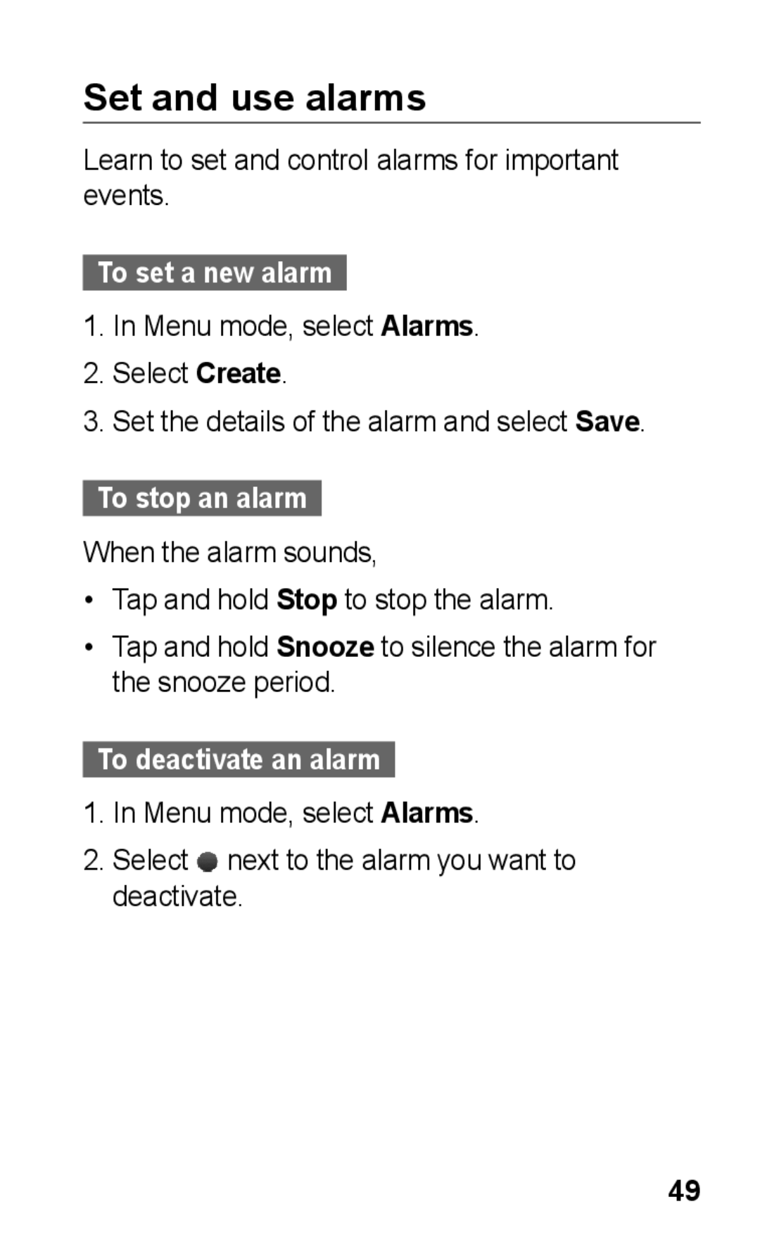 Samsung GT-C3303DKIJED manual Set and use alarms, Learn to set and control alarms for important events, To set a new alarm 