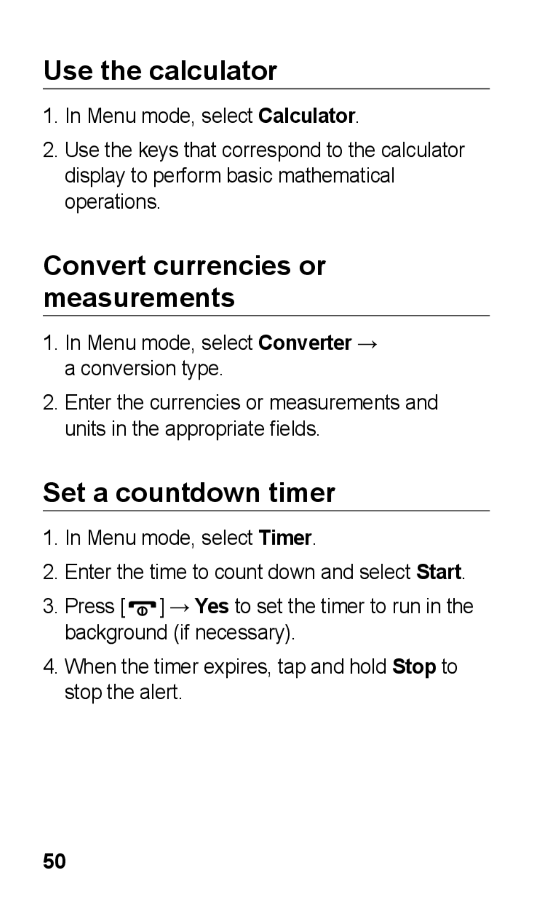 Samsung GT-C3303DKITUR, GT-C3303WRIJED manual Use the calculator, Convert currencies or measurements, Set a countdown timer 