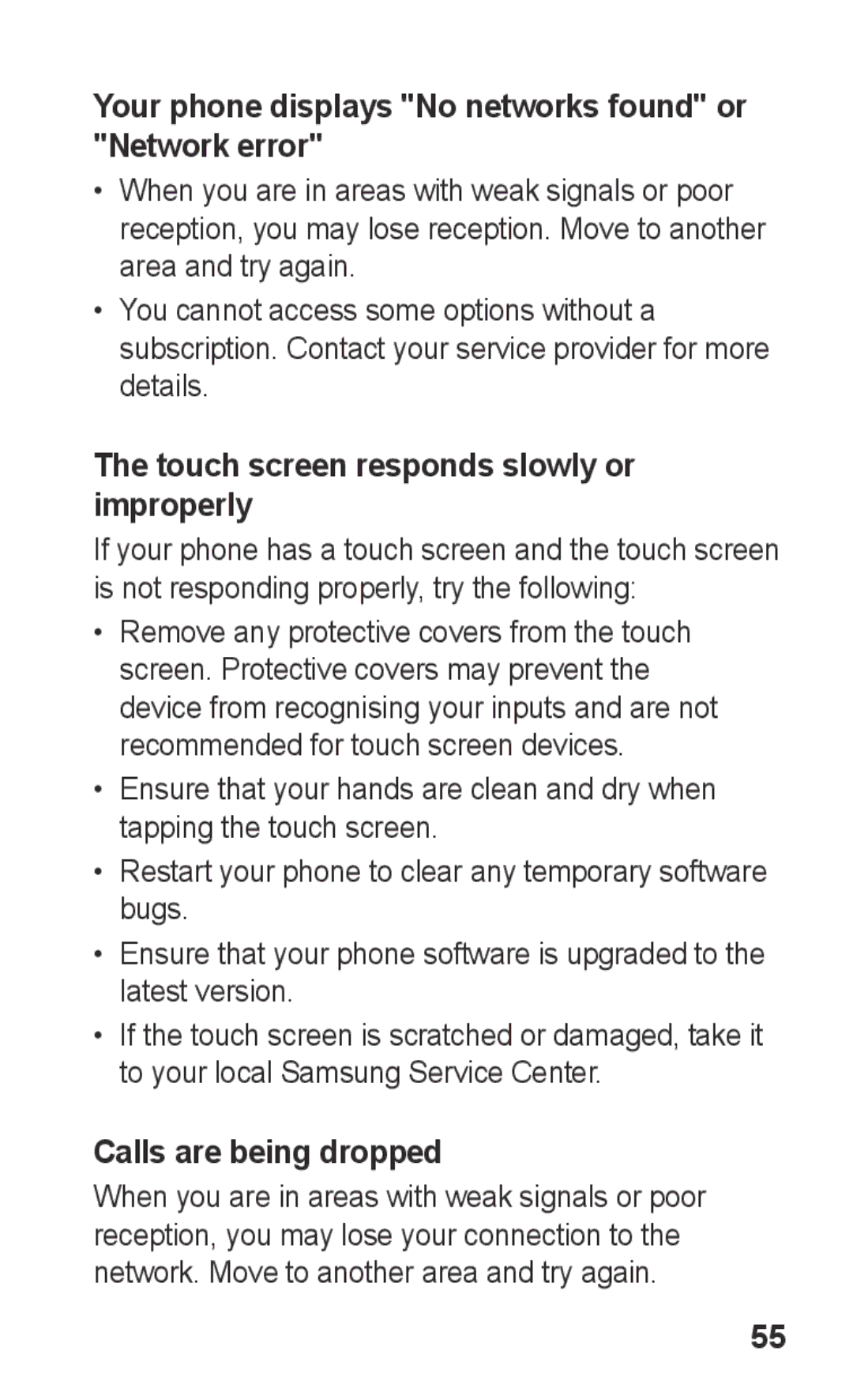 Samsung GT-C3303DKIFWD Your phone displays No networks found or Network error, Touch screen responds slowly or improperly 