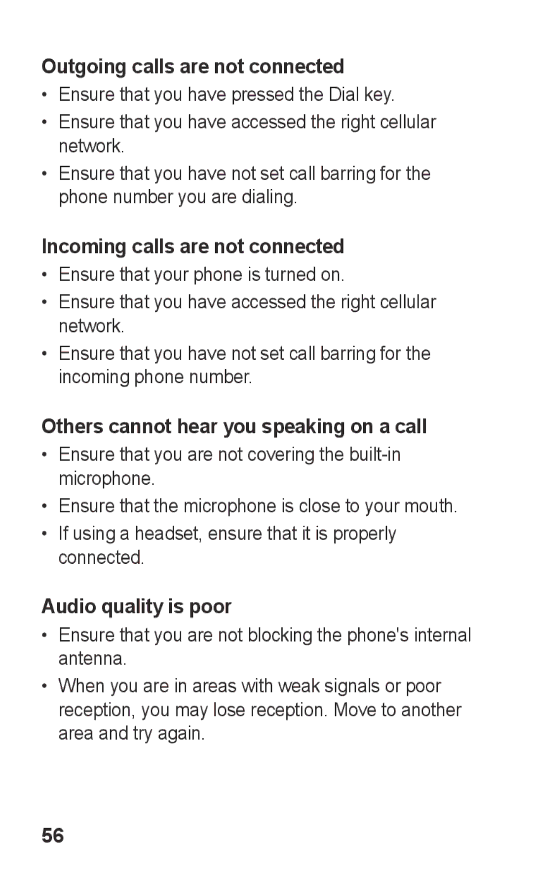 Samsung GT-C3303PSMKSA manual Outgoing calls are not connected, Incoming calls are not connected, Audio quality is poor 