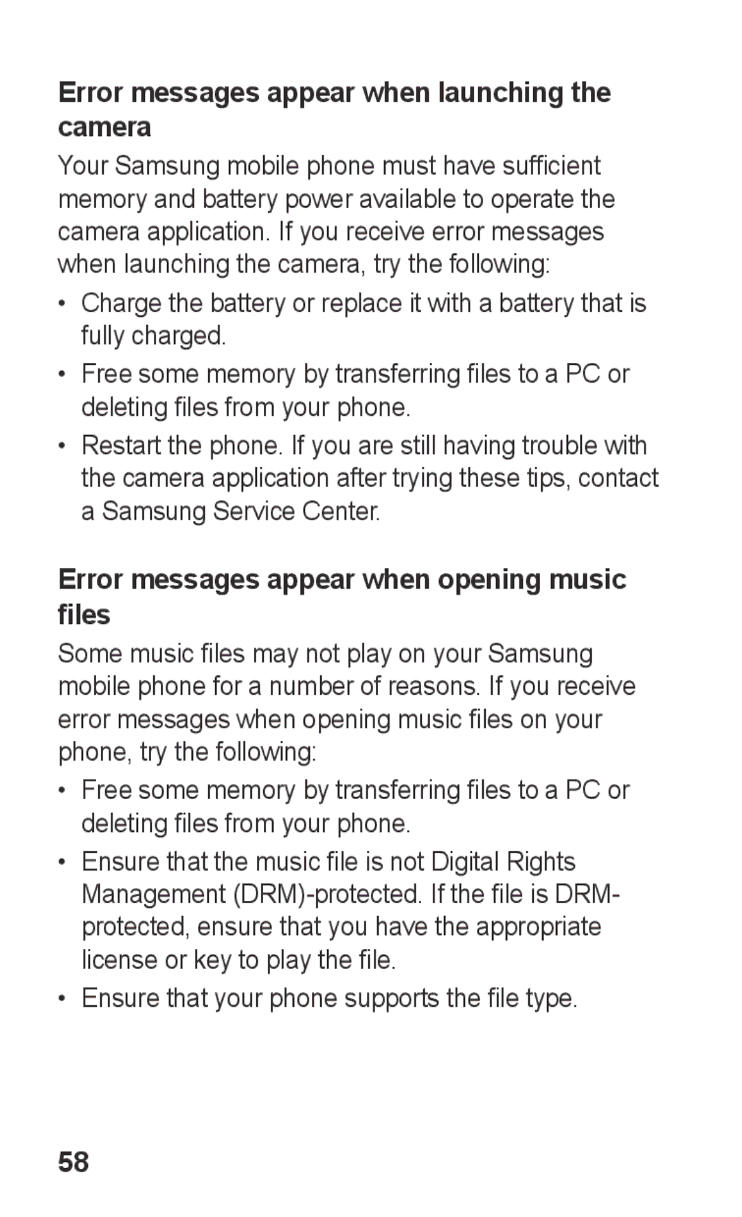 Samsung GT-C3303SIITMC Error messages appear when launching the camera, Error messages appear when opening music files 