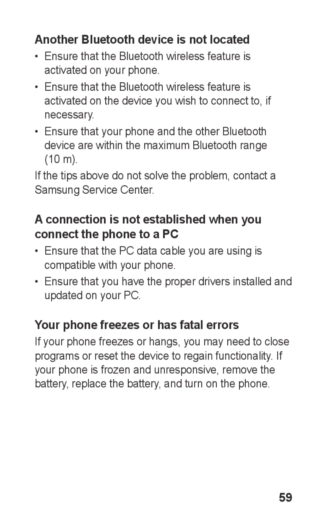 Samsung GT-C3303WRITHR, GT-C3303WRIJED Another Bluetooth device is not located, Your phone freezes or has fatal errors 