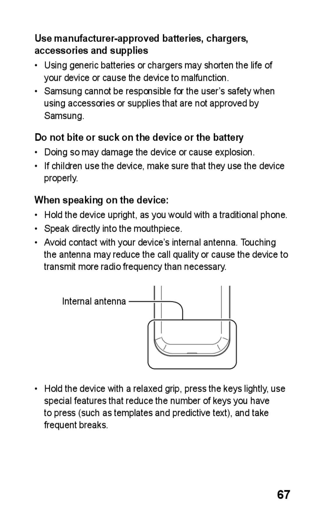 Samsung GT-C3303PSIAFG, GT-C3303WRIJED manual Do not bite or suck on the device or the battery, When speaking on the device 