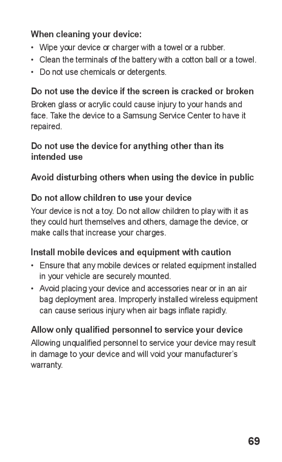 Samsung GT-C3303ENIAFR, GT-C3303WRIJED When cleaning your device, Do not use the device if the screen is cracked or broken 