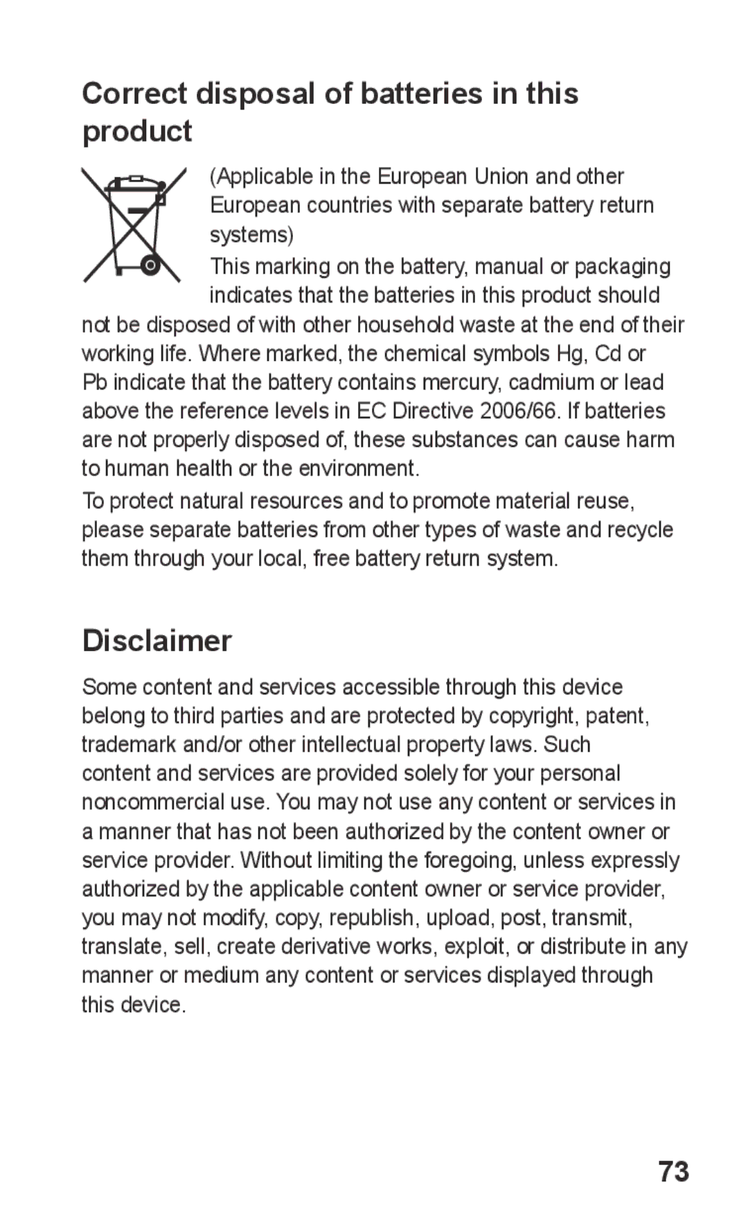 Samsung GT-C3303DKITMC, GT-C3303WRIJED, GT-C3303WRIMRT, GT-C3303SIIXSG manual Correct disposal of batteries in this product 