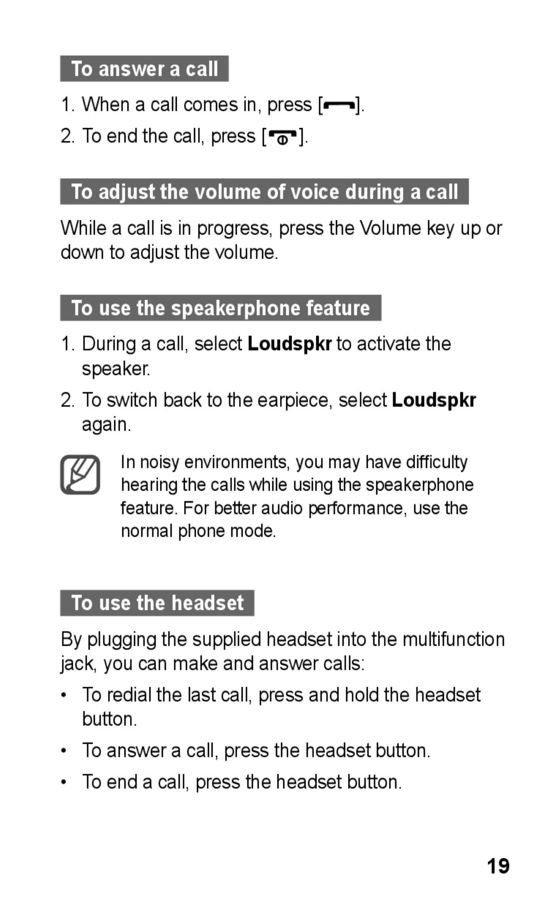 Samsung GT-C3303DKIMID, GT-C3303WRIJED manual To answer a call, To use the speakerphone feature, To use the headset 