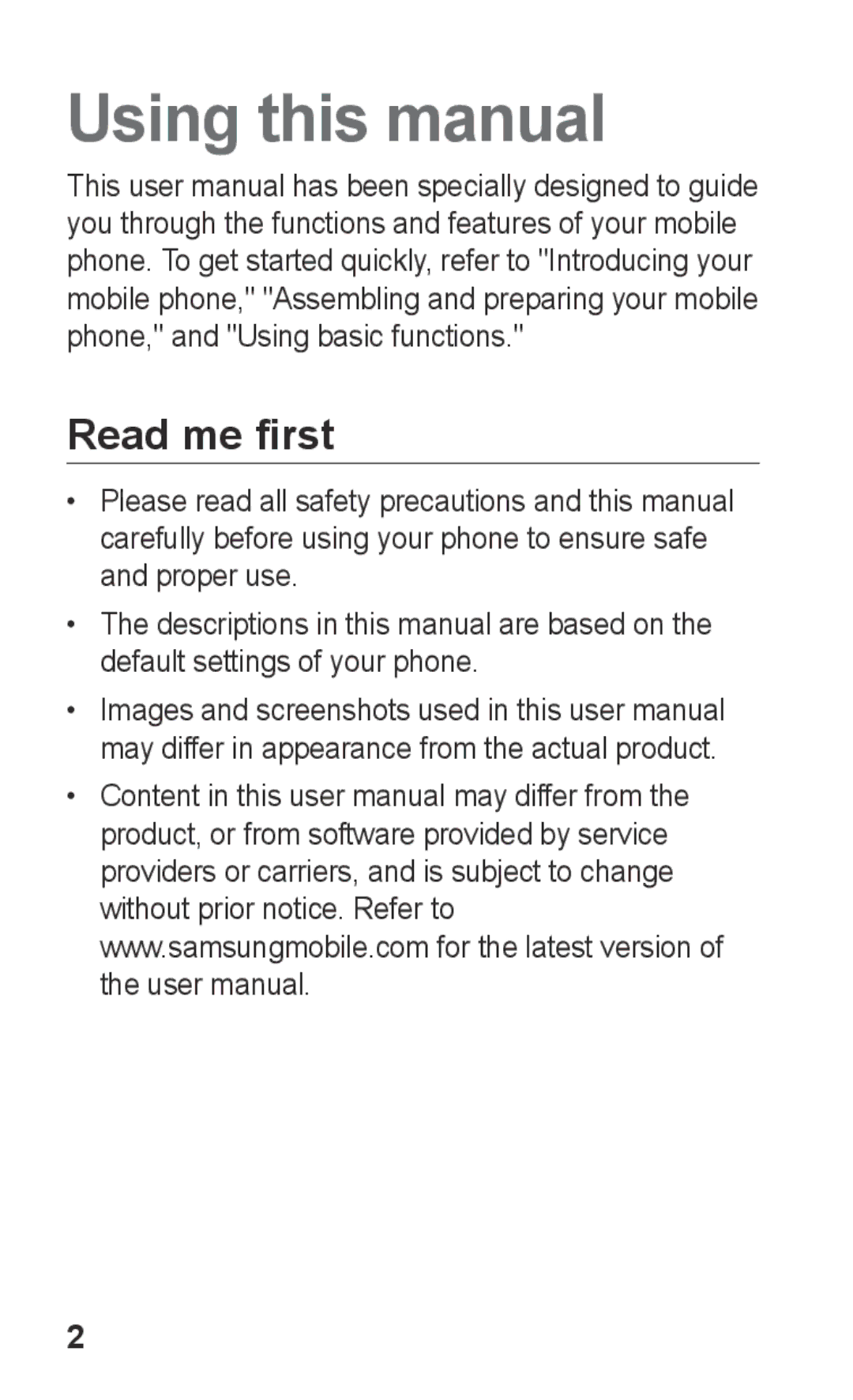 Samsung GT-C3303SIIXSG, GT-C3303WRIJED, GT-C3303WRIMRT, GT-C3303SIIPAK, GT-C3303PSIJED Using this manual, Read me first 