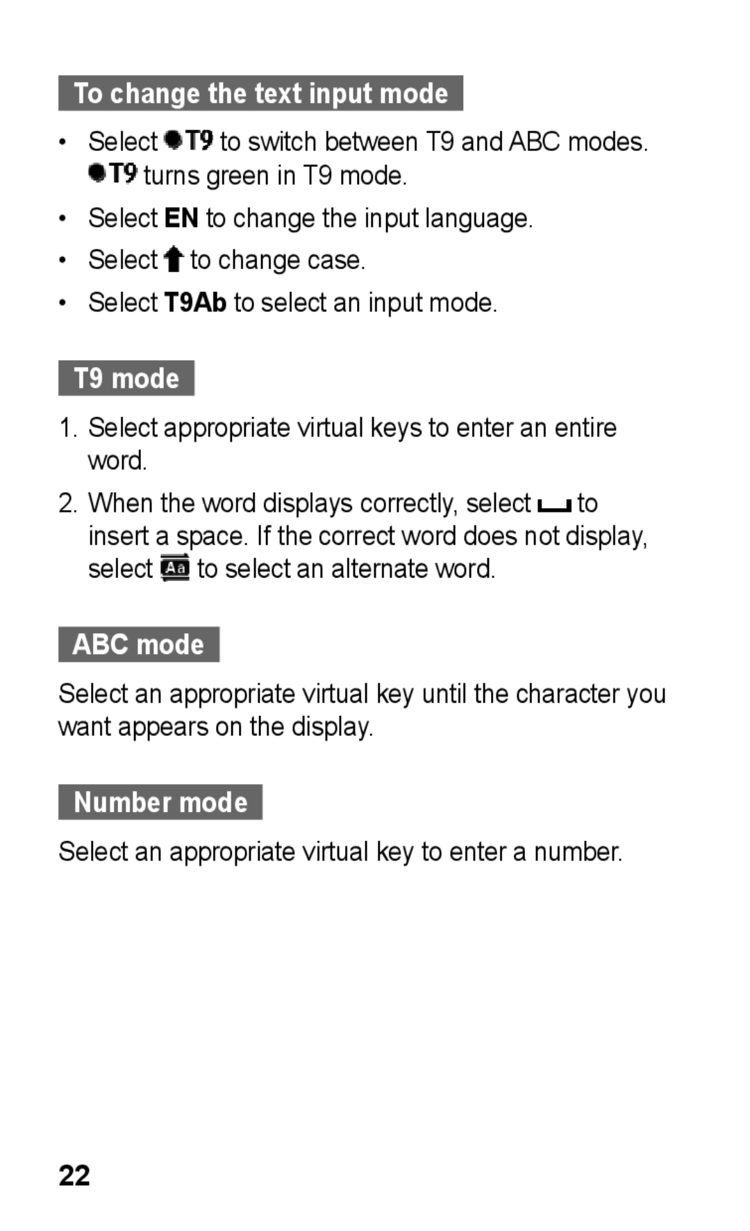 Samsung GT-C3303ENMJED, GT-C3303WRIJED, GT-C3303WRIMRT manual To change the text input mode, T9 mode, ABC mode, Number mode 