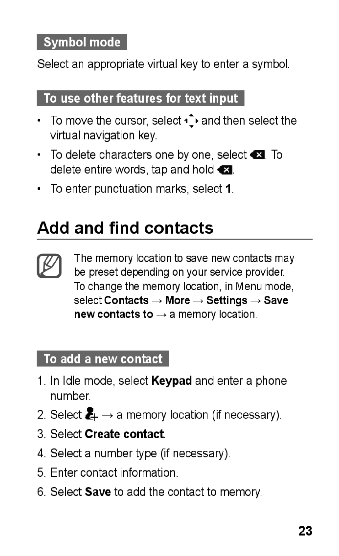 Samsung GT-C3303PSIPAK Add and find contacts, Symbol mode, To use other features for text input, To add a new contact 