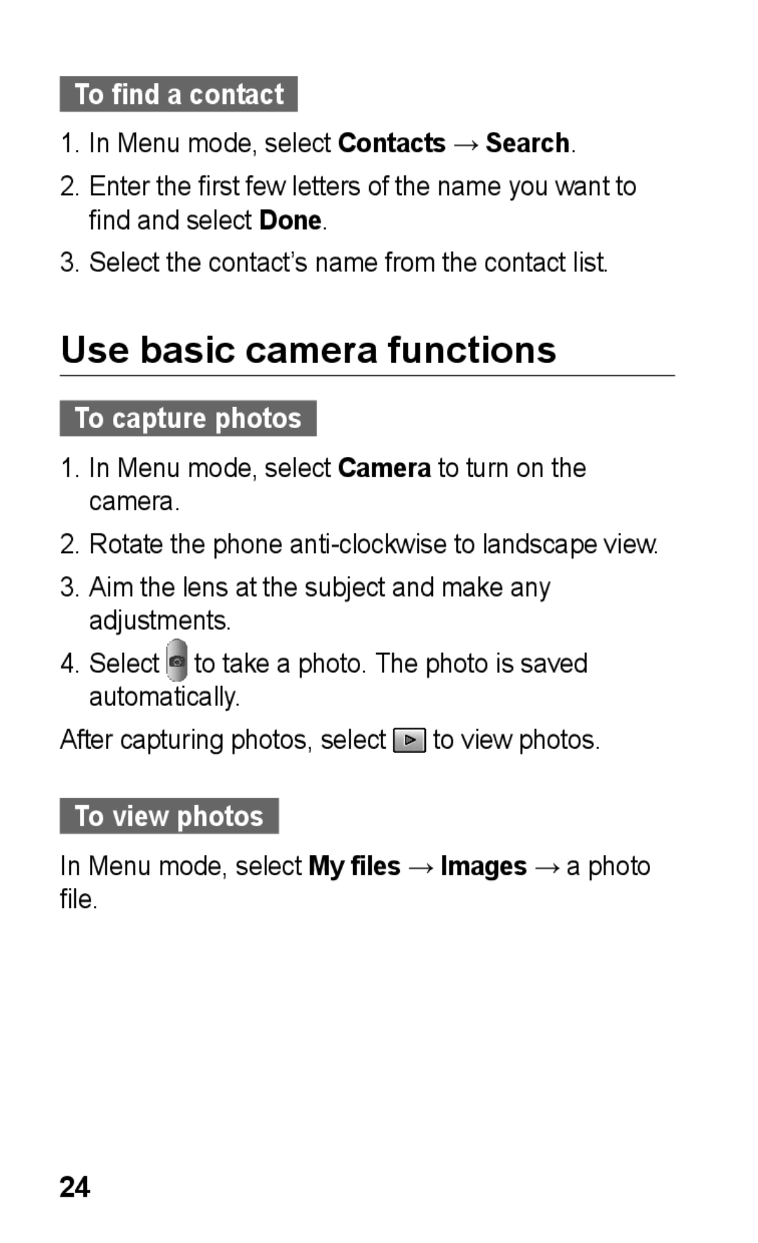 Samsung GT-C3303SIIABS, GT-C3303WRIJED Use basic camera functions, To find a contact, To capture photos, To view photos 