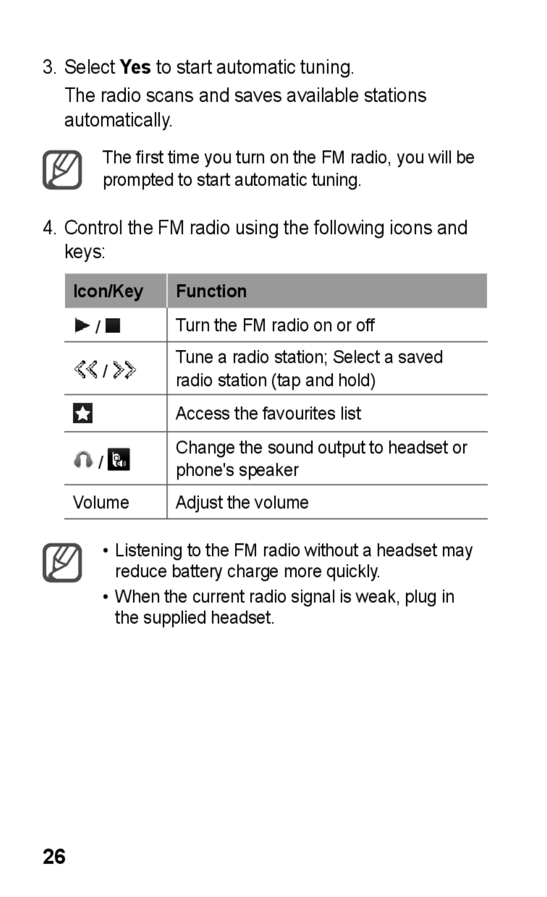 Samsung GT-C3303PSITHR, GT-C3303WRIJED manual Control the FM radio using the following icons and keys, Icon/Key Function 