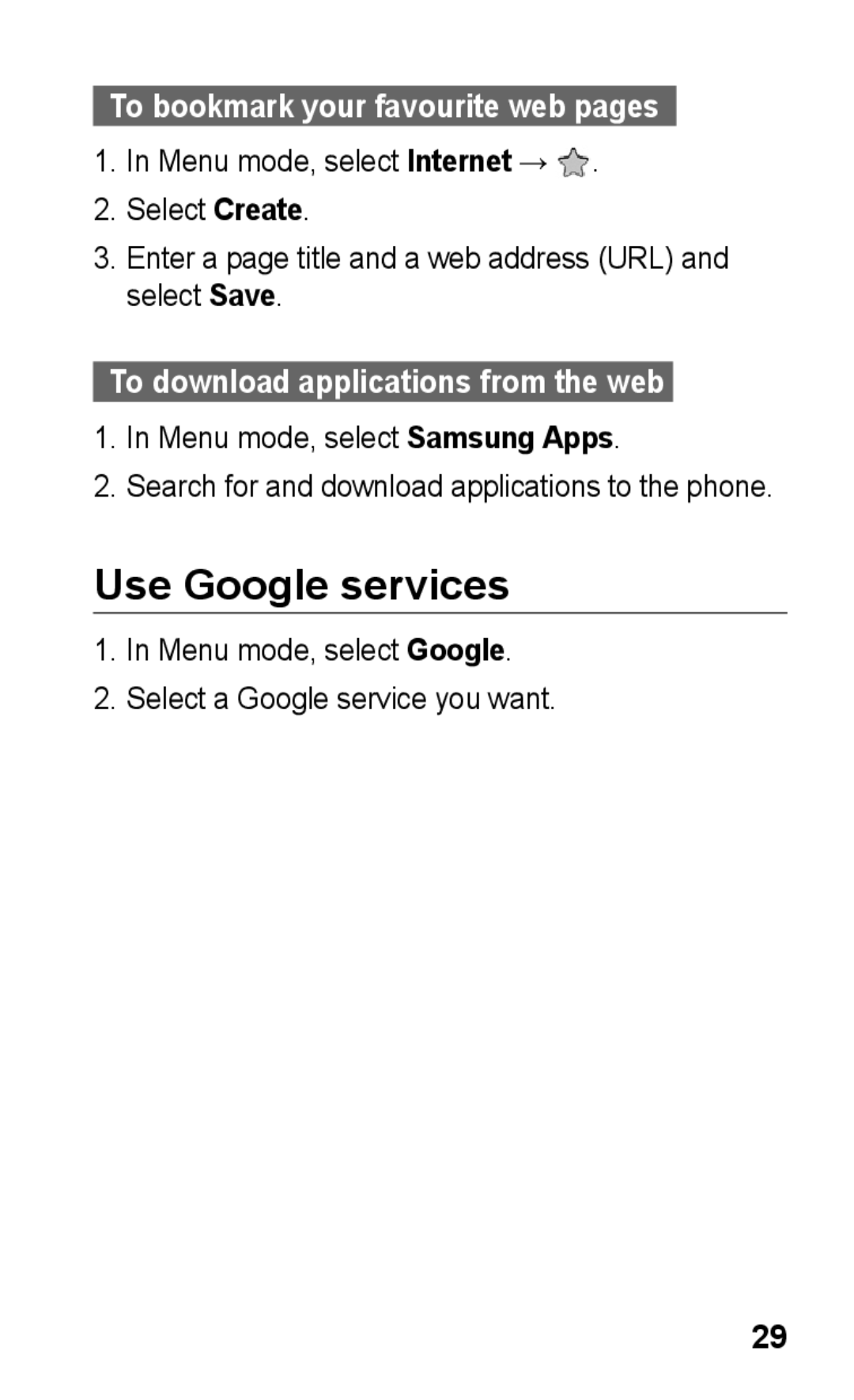 Samsung GT-C3303SIIJED Use Google services, To bookmark your favourite web pages, To download applications from the web  