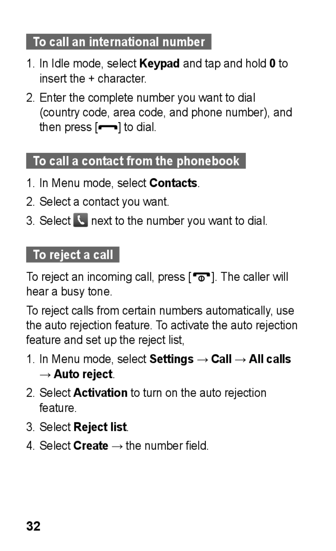 Samsung GT-C3303WRIPAK manual To call an international number, To call a contact from the phonebook, To reject a call 