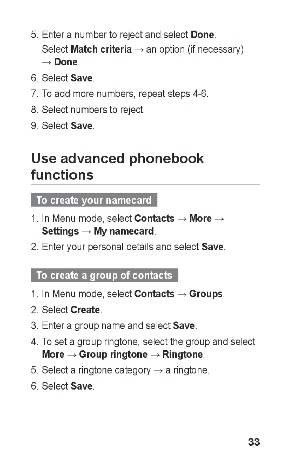 Samsung GT-C3303WRMJED, GT-C3303WRIJED Use advanced phonebook functions, To create your namecard, Settings → My namecard 