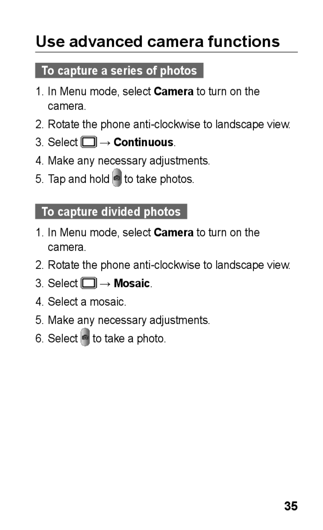 Samsung GT-C3303CWMKSA manual Use advanced camera functions, To capture a series of photos, To capture divided photos 