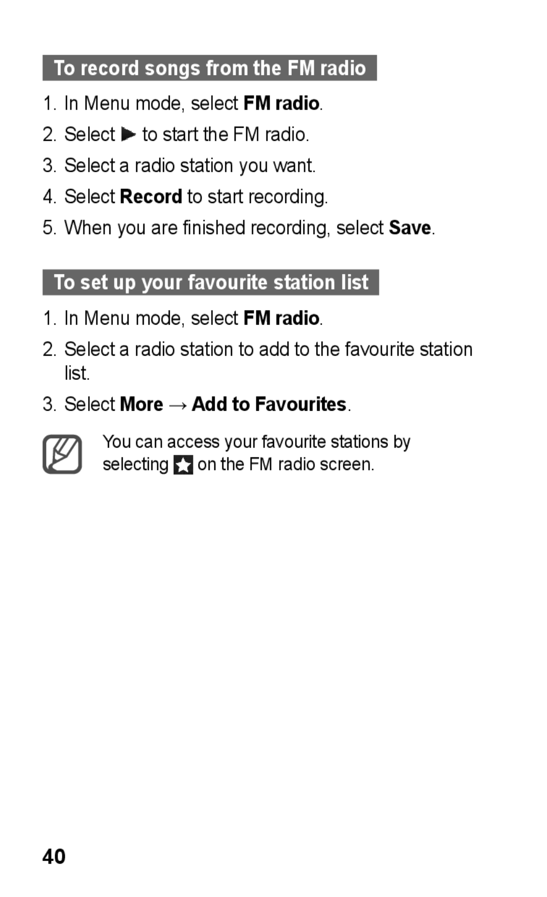 Samsung GT-C3303DKMKSA, GT-C3303WRIJED manual To record songs from the FM radio, To set up your favourite station list 