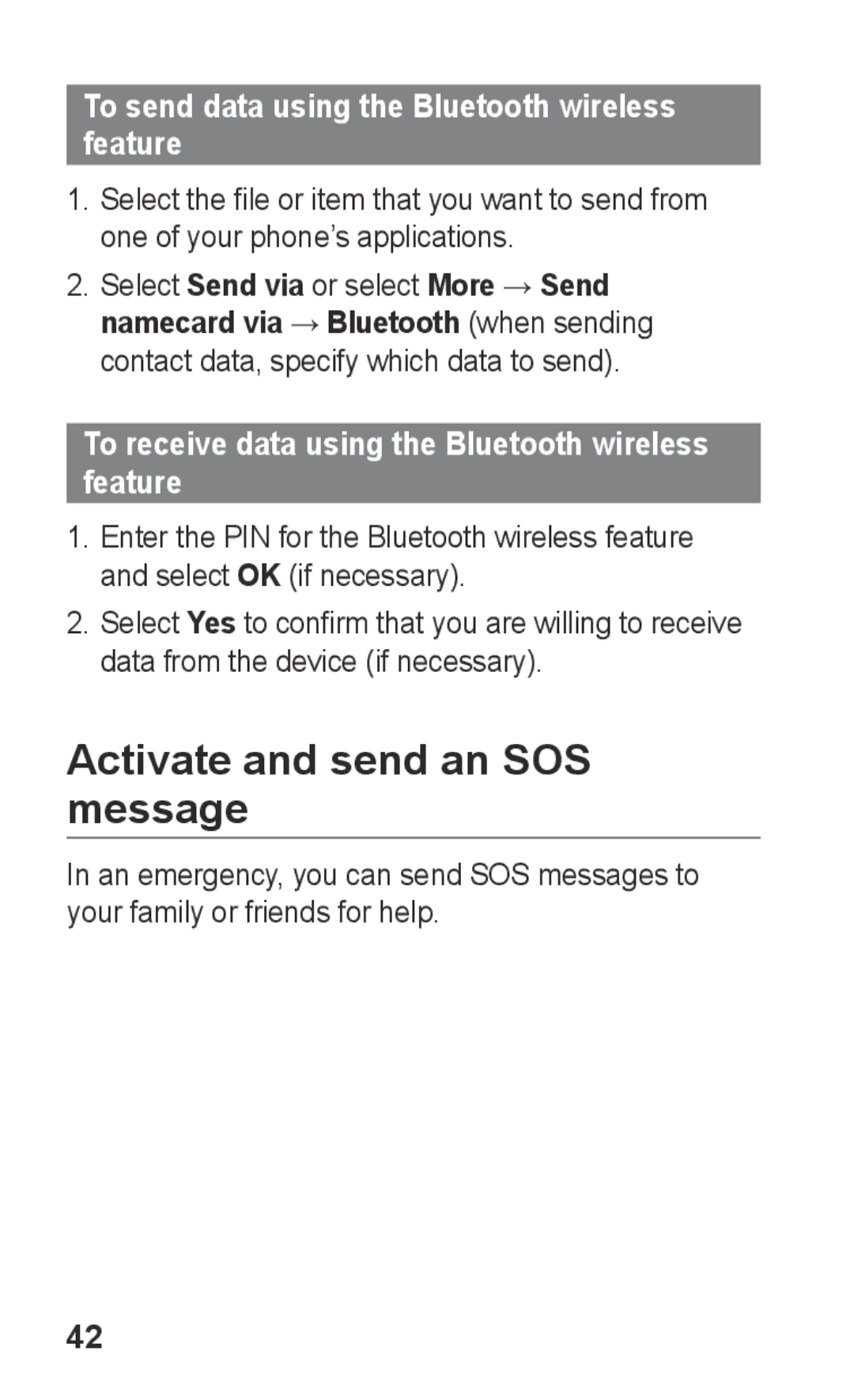 Samsung GT-C3303PSIABS, GT-C3303WRIJED Activate and send an SOS message, To send data using the Bluetooth wireless feature 