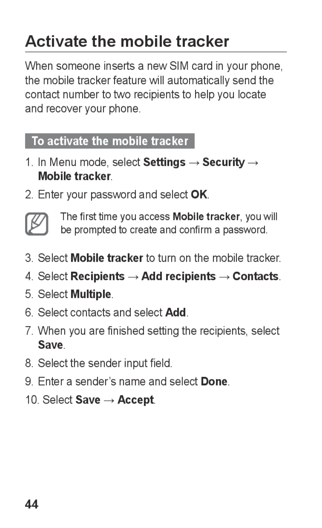 Samsung GT-C3303PSIMRT Activate the mobile tracker, To activate the mobile tracker, Enter your password and select OK 