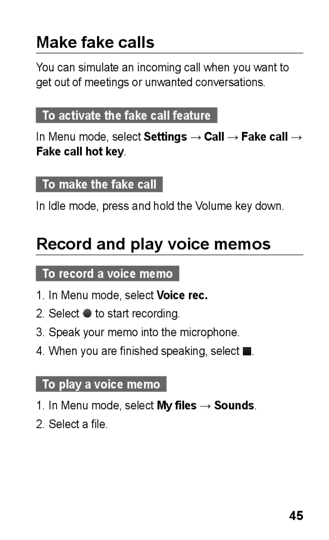 Samsung GT-C3303WRIAFG, GT-C3303WRIJED, GT-C3303WRIMRT, GT-C3303SIIXSG manual Make fake calls, Record and play voice memos 