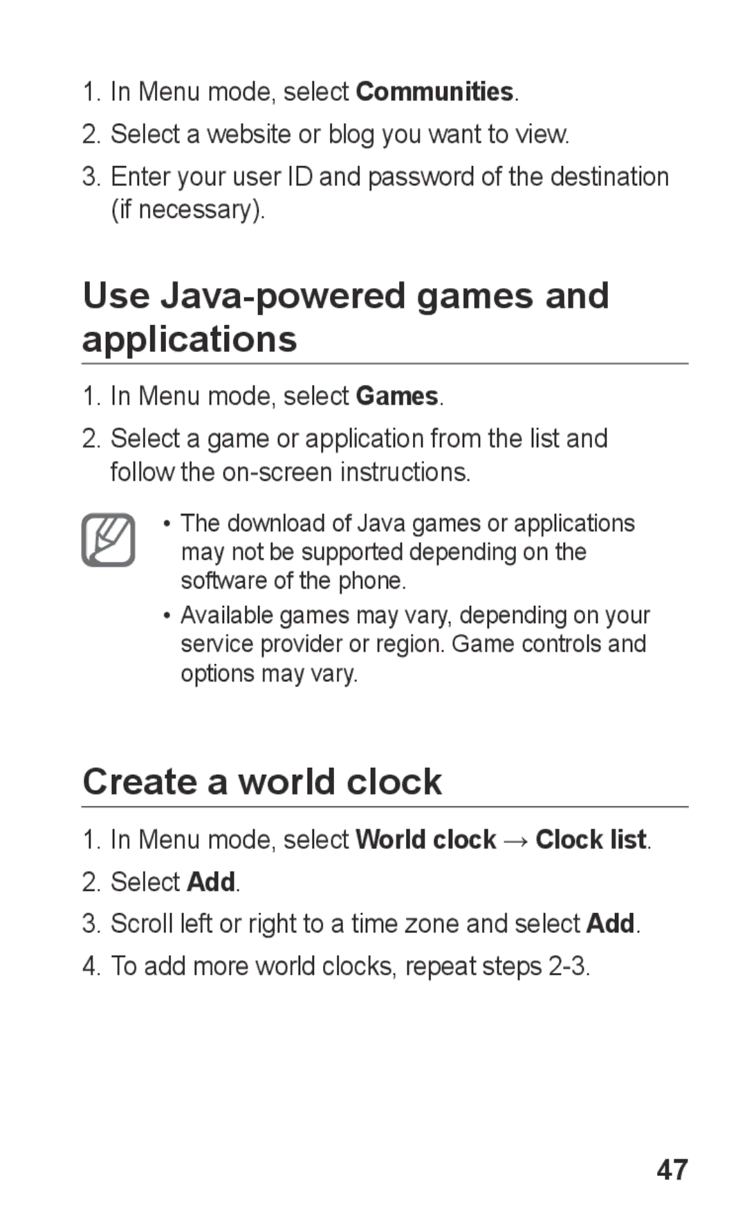 Samsung GT-C3303CWIJED manual Use Java-powered games and applications, Create a world clock, Menu mode, select Games 