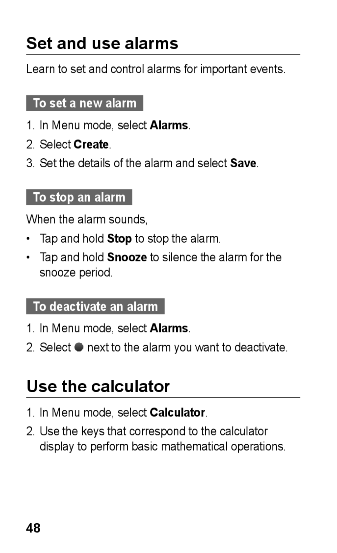 Samsung GT-C3303CWITHR, GT-C3303WRIJED manual Set and use alarms, Use the calculator, To set a new alarm, To stop an alarm 