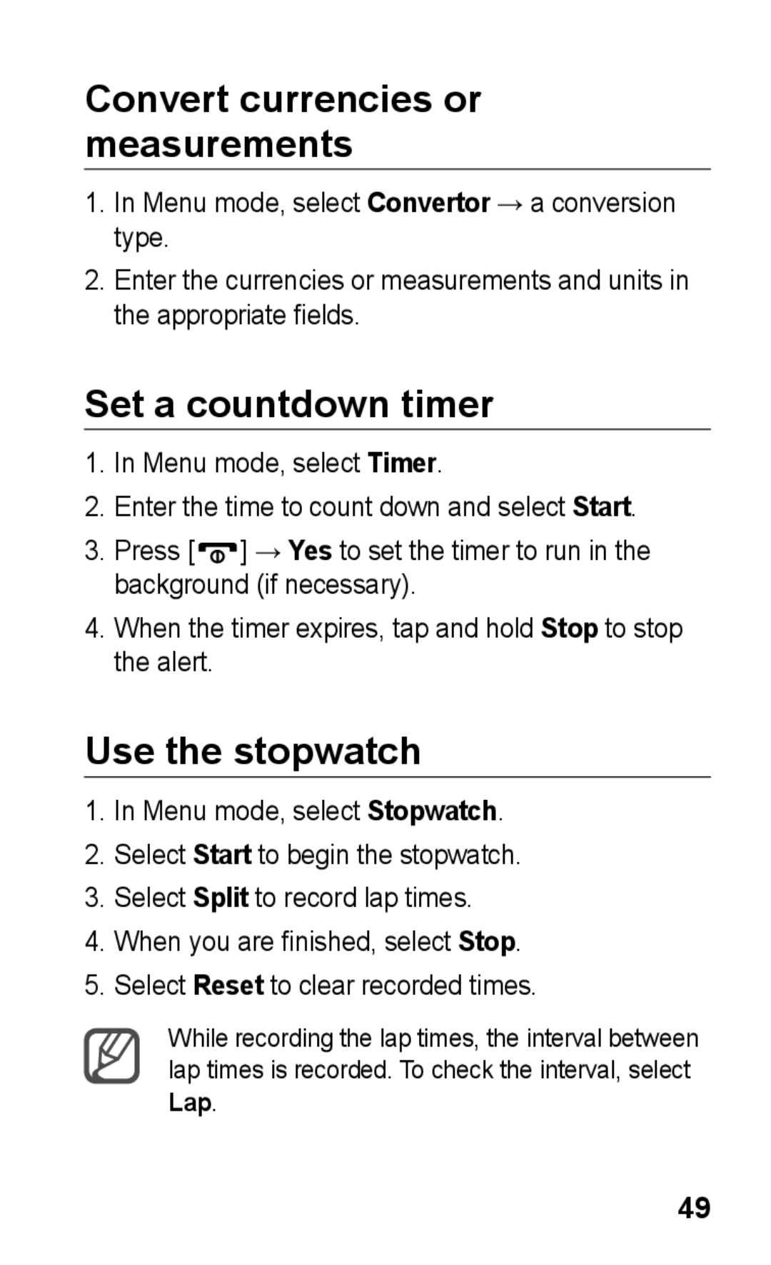 Samsung GT-C3303DKIJED, GT-C3303WRIJED manual Convert currencies or measurements, Set a countdown timer, Use the stopwatch 