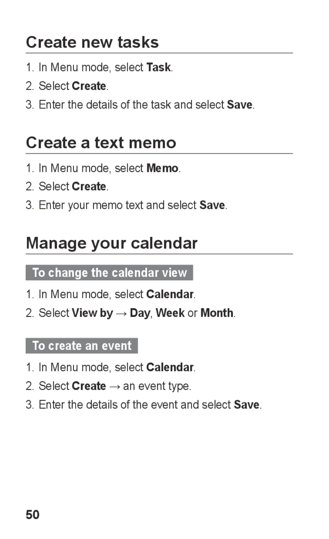 Samsung GT-C3303DKITUR manual Create new tasks, Create a text memo, Manage your calendar, To change the calendar view 