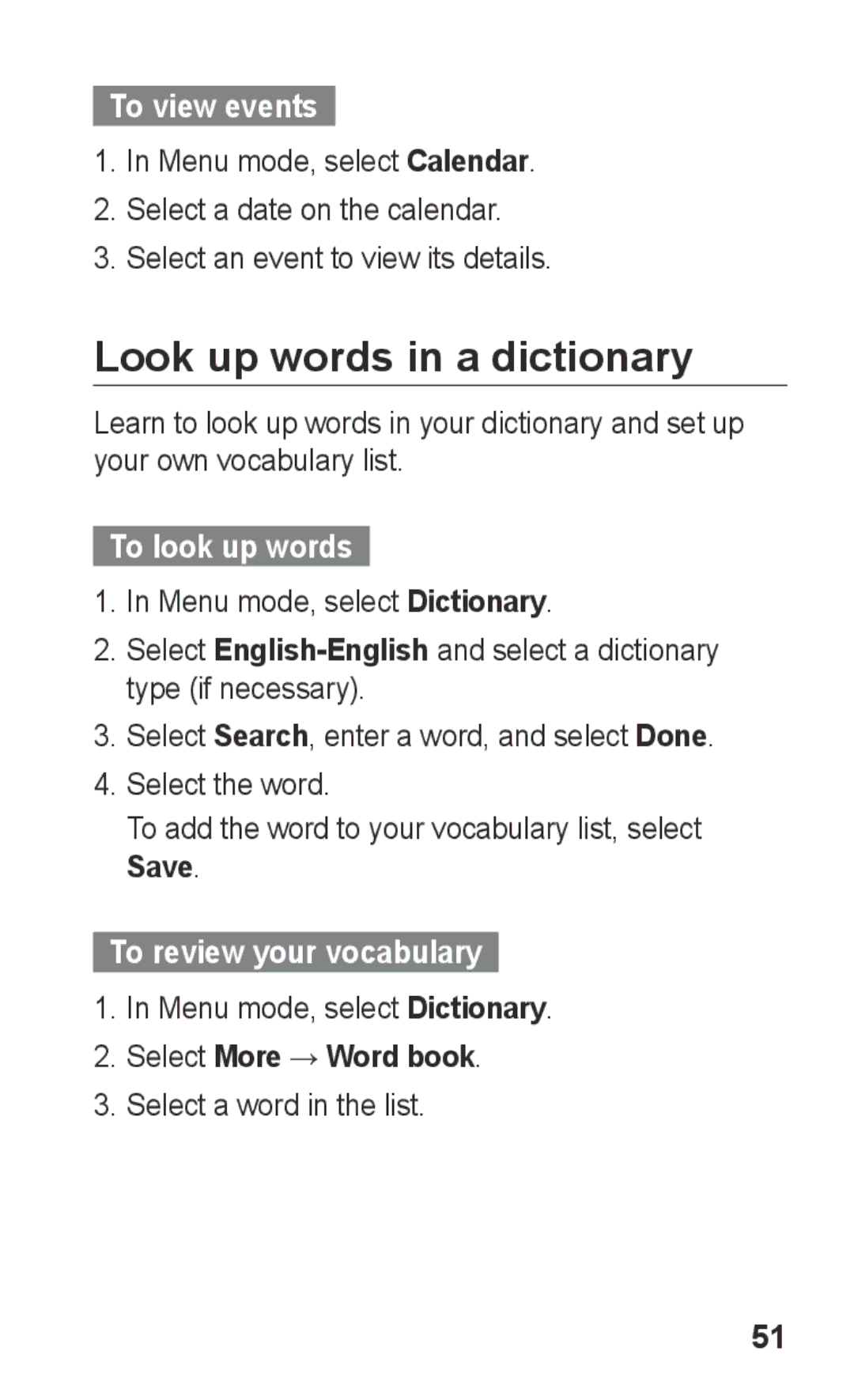 Samsung GT-C3303ENIKSA manual Look up words in a dictionary, To view events, To look up words, To review your vocabulary 