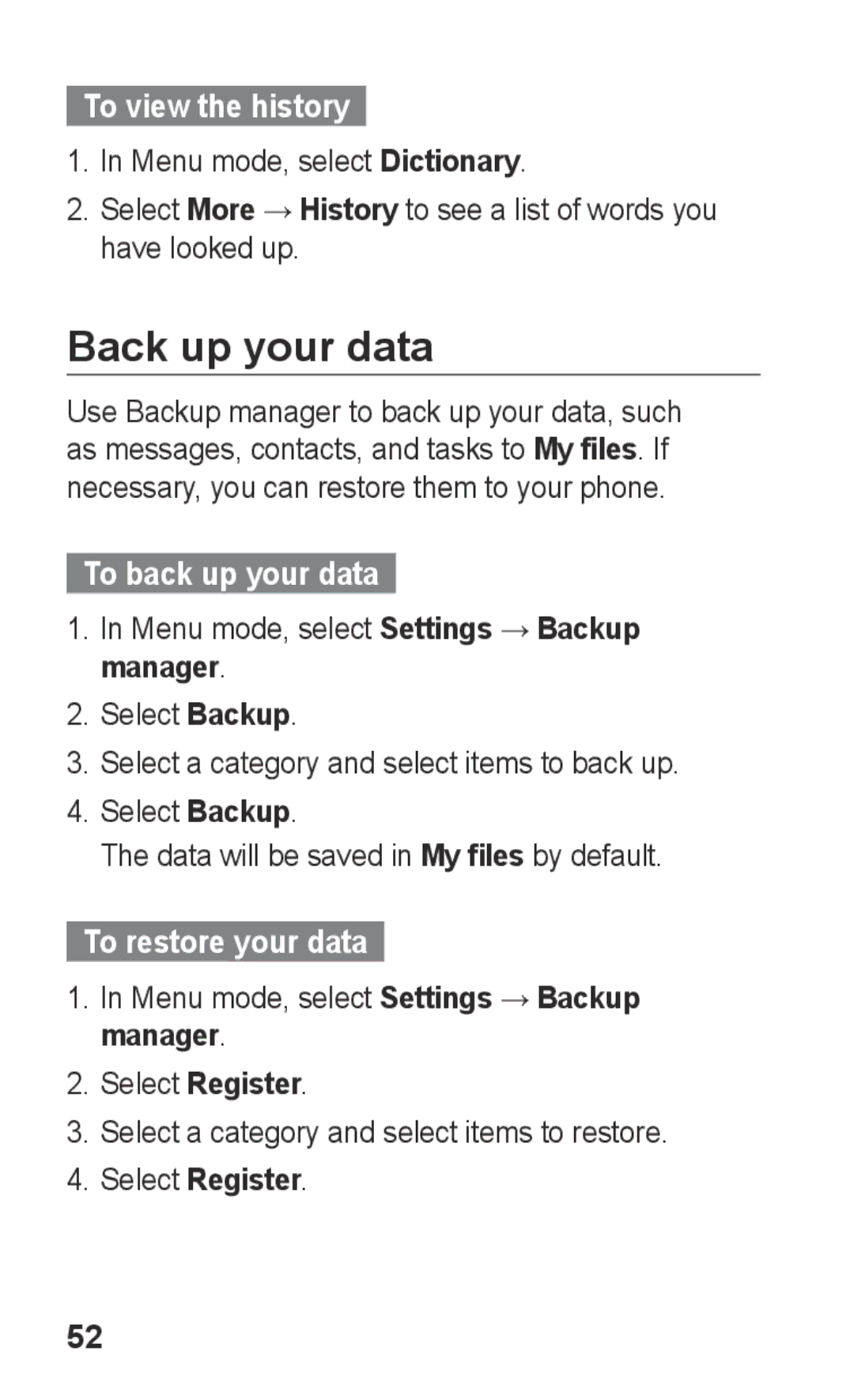 Samsung GT-C3303ENIPAK, GT-C3303WRIJED Back up your data, To view the history, To back up your data, To restore your data 