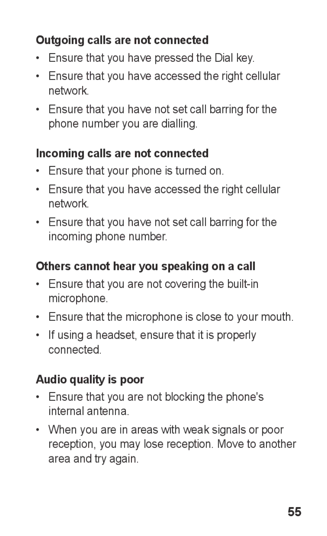 Samsung GT-C3303DKIFWD manual Outgoing calls are not connected, Incoming calls are not connected, Audio quality is poor 