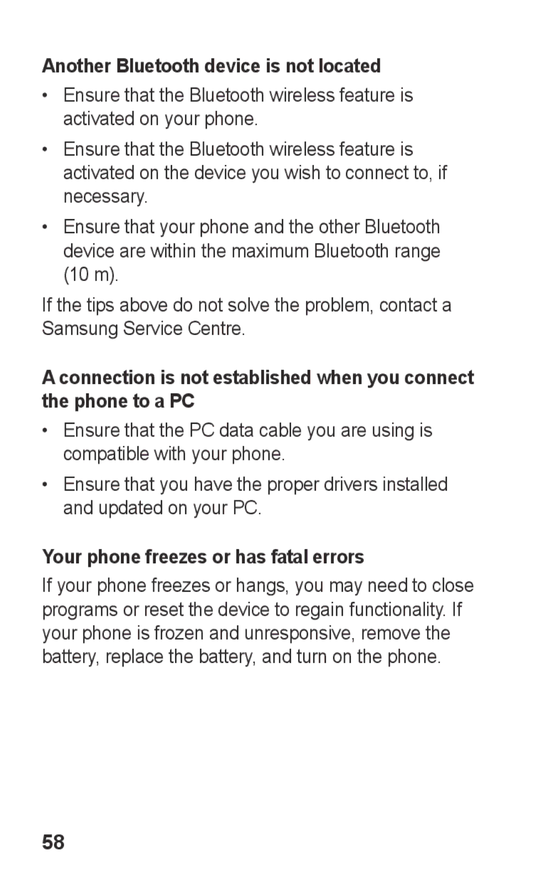 Samsung GT-C3303SIITMC, GT-C3303WRIJED Another Bluetooth device is not located, Your phone freezes or has fatal errors 